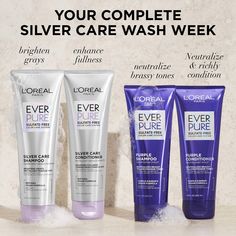 L'Oreal Paris EverPure Silver hair care system with peptides strengthens and nourishes natural, mature, or color treated, gray and silver hair while revitalizing shine. Use our EverPure Purple Shampoo and Conditioner 1-3 times per week for extra toning power. 100% Sulfate Free Shampoo and Conditioner, Paraben Free, No Harsh Salts, No Harsh Surfactants, Gluten Free*, Vegan Formula**. Validated by Colorists. Safe to use as daily hair care regimen. Our formulas are especially gentle on color treate Gray And Silver Hair, Sulfate Free Shampoo And Conditioner, Silver Hair Shampoo, Violet Shampoo, Grey Hair Care, Silver White Hair, Shampoo For Gray Hair, Purple Shampoo And Conditioner, Hair Care Regimen