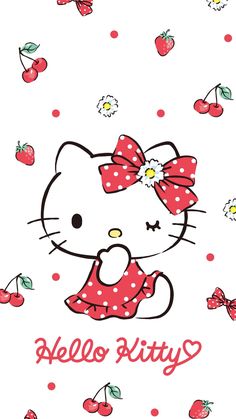 a hello kitty wallpaper with cherries on it