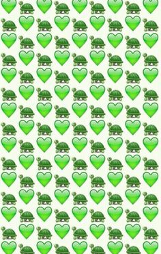 green heart shaped turtles and hearts on white paper with the shape of a turtle in the middle