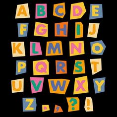 the letters and numbers are made up of different colored blocks on a black background,