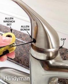 a person is holding a wrench in front of a sink faucet with instructions on how to fix it