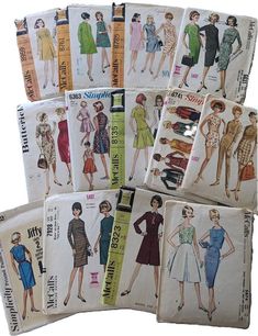 vintage sewing patterns from the 1950's and 1960s's are on display in this collection