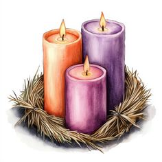 three candles sitting on top of a pile of hay next to each other with one burning