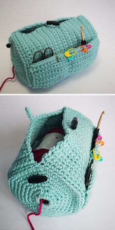 two pictures show the inside of a crocheted purse with eyeglasses in it