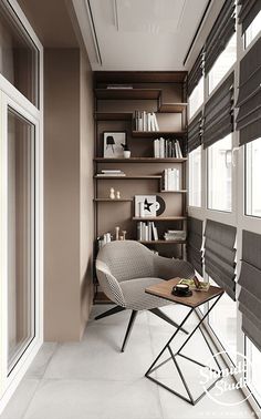 a room with a chair, bookshelf and window