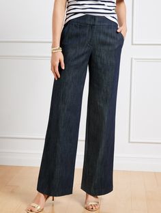 Perfect for your polished looks. Our sophisticated wide leg pants in soft, refined denim. Expertly tailored for a modern, ultra-flattering fit. Detailed with a high waist, angled slip pockets and welt pockets at the back. Pair with our Refined Denim Modern Blazer for a beautifully relaxed and perfectly put-together look. features Flat Front/Trouser Hits High Waist Full Length Fly front with button closure Front Angled slip, Back welt pockets Imported Fit: Misses 31 1/2"; Petite: 29"; Plus: 31 1/ Slate Blue Pants Outfit, High Waisted Trousers Outfit Casual, Womens Trousers Outfits, Denim Trousers Outfit, Pants For Petite Women, Jean Trousers Outfit, Dressy Jeans Outfit, Trousers Outfit Casual, Middle Aged Women Fashion