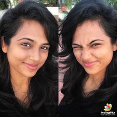 two pictures of a woman with long black hair and brown eyes, both smiling at the camera