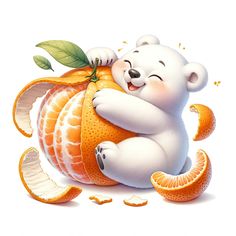 a polar bear is holding an orange in its paws and it looks like he has fallen asleep