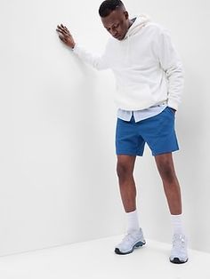 Soft french terry shorts.  Drawcords at waist.  Front slant pockets.  Back patch pocket.  #541613 Straight silhouette with a relaxed fit.  Hits above the knee.  Models are 6'1"–6'2" 185-188 cm) with a 31" 79 cm) waist and 32–33" 81–84 cm) inseam, and are wearing Gap French Terry Shorts, Terry Shorts, Blue Willow, Back Patch, Above The Knee, French Terry, Patch Pocket, The Knee, Gap