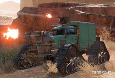 an image of a truck and tractor in the desert with flames coming out of it