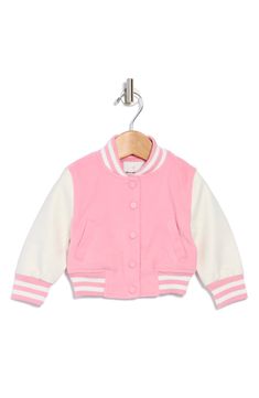 Baby will be ready for the upcoming sport season in this varsity jacket framed with ribbed cuffs and hem. Front snap closure Front welt pockets 100% polyester Machine wash, line dry Imported Pink Varsity Jacket, Welt Pockets, Welt Pocket, Baby Pink, Snap Closure, Nordstrom Rack, Varsity Jacket, Bomber Jacket