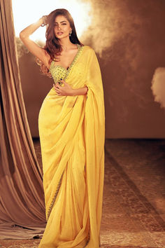 Yellow organza pre-draped saree with blouse for sangeet Mirror Saree, Drape Lehenga, Halter Neck Blouse, Yellow Mirror, Halter Neck Blouses, Floral Lace Blouse, Ruffle Saree, Saree Gown, Yellow Saree