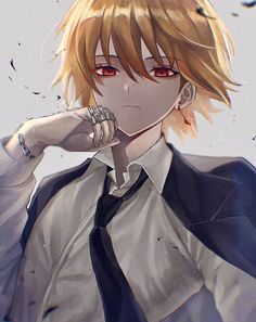 an anime character with blonde hair and red eyes