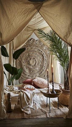 a bed with a canopy over it in a room filled with plants and blankets on the floor