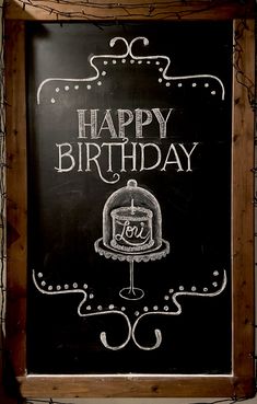 a chalkboard sign with the words happy birthday written on it and a cake inside