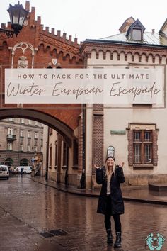 a woman standing in front of a building holding up a cell phone with the words how to pack for the ultimate winter european escape