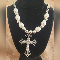 Cross Pendant Chavicle Necklace With Pearls And Crystal...16in Long Big Cross Necklace, Pearl Cross Necklace, Midwest Princess, Necklace With Pearls, Big Cross, Birthday Weekend, Yummy Yummy, Pearl Chain, Dream Jewelry