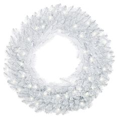 a white christmas wreath with lights on it