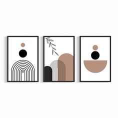 three framed art pieces with different shapes and sizes