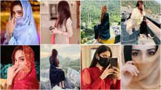 several pictures of women wearing different types of veils and scarves, one woman is looking at her cell phone