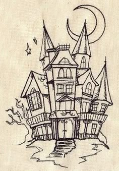 a drawing of a house with a full moon in the background