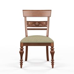 a wooden chair with a green upholstered seat and back cushion on an isolated white background