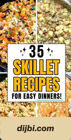 the cover of 35 skillet recipes for easy diners