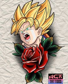 a drawing of gohan holding a rose with his mouth open and the words dragon ball tattoos on it