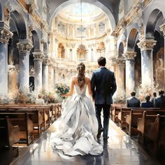 a painting of a bride and groom walking down the aisle