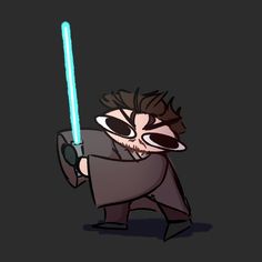 a cartoon character holding a light saber in one hand and wearing glasses on the other