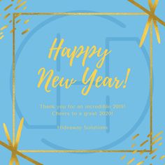 a blue and gold new year's card with the words happy new year