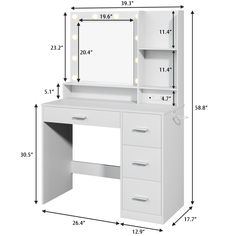 an image of a white vanity with lights on the top and bottom drawer, measurements