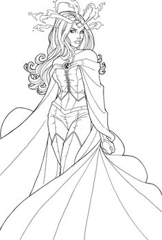 a drawing of a woman in a dress with long hair and cape on her head