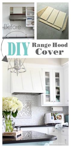 the diy range hood cover is made from wood planks and has been painted white