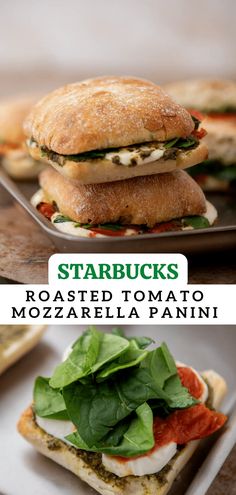 two pictures of sandwiches with spinach and tomato on them, one is topped with mozzarella panini