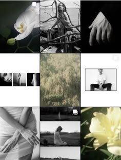 black and white photographs with flowers, hands, and other things in the photo collage