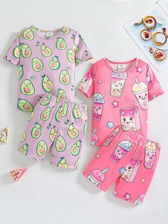 Young Girl School Snug Fit Pajamas Set, Simple All-Over Funny Print Pattern Shorts & Tight Short Sleeve, Casual 2-Piece Multicolor Casual  Short Sleeve Fabric Cartoon,Figure,Geometric Short Sets Medium Stretch  Young Girls Clothing, size features are:Bust: ,Length: ,Sleeve Length: Multicolor Cartoon Print Sleepwear For Spring, Spring Cartoon Print Loungewear Sets, Pink Cotton Sleepwear With Cartoon Print, Spring Cartoon Print Sets For Bedtime, Spring Bedtime Sets With Cartoon Print, Fun Cotton Loungewear Set, Playful Cartoon Print Sleepwear For Spring, Casual Pink Bedtime Sets, Pink Cartoon Print Loungewear Sets