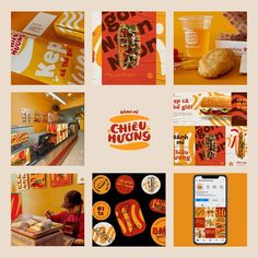 the collage shows different images of food and drink in orange, yellow and red colors