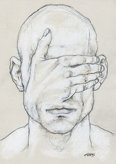 a drawing of a man covering his eyes