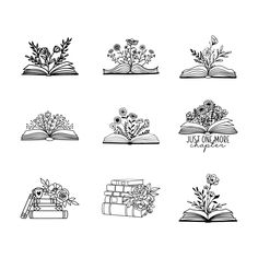 six different types of books with flowers and plants on them, all in black and white