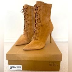 Pointy Steve Madden Valency Boot - Camel Suede, Lace Up, 4.5in Skinny Heel - Worn Once And Still Has Box And Wrapping ! Suede Lace, Shoes Shoes, Steve Madden Shoes, Shoes Heels Boots, Shoes Women Heels, Steve Madden, Heeled Boots, Camel, Shoes Heels