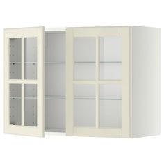 a white cabinet with glass doors and shelves