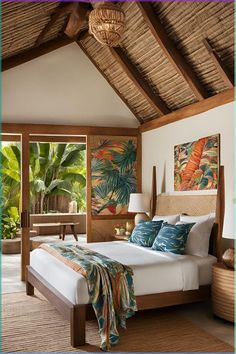 a bed in a bedroom with palm trees on the wall and paintings hanging above it