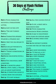 the 30 days of flash fiction challenge is shown in blue and green with black lettering