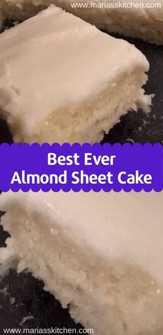 there is a piece of cake with white frosting on it and the words almond sheet cake