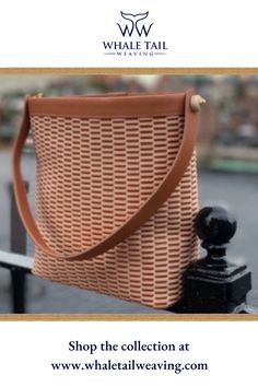 A Whale Tail Weaving leather Nantucket basket purse sitting on a railing Basket Weaving Diy, Nantucket Baskets, Wooden Basket, Whale Tail, Nantucket, Accessories Necklace, A Bag, Italian Leather, Basket Weaving