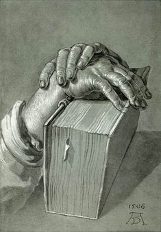 a pencil drawing of a hand on top of a wooden box with an arrow sticking out of it