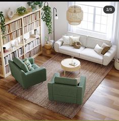 a living room filled with furniture and bookshelves