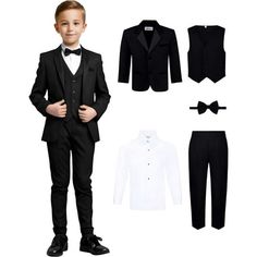 The transformation from toddler to gentleman is easy with this handsome toddler's tuxedo set. Complete with a single-breasted notch lapel jacket with satin accents and a matching pair of tuxedo trousers, a classic pleated white tuxedo shirt, and a color-coordinating satin-finish vest and pre-tied adjustable bow tie, it features almost everything required for a finished formal look. Whether you choose the clean and uninterrupted style of a pure white tuxedo and accessories, or the contrast of bla Toddler Tuxedo, Kid Tuxedo, Wedding Mint, Bow Tie Suit, Vest And Bow Tie, Boys Tuxedo, Formal Vest, Formal Tuxedo, Aesthetic Galaxy