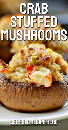 crab stuffed mushrooms on a plate with text overlay